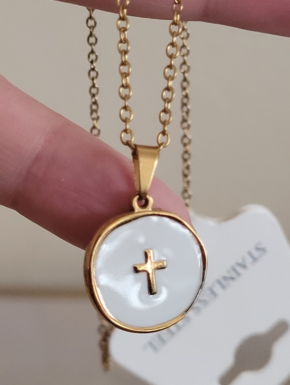 Gold-Tone White Cross Disc Pendant Necklace Stainless Steel